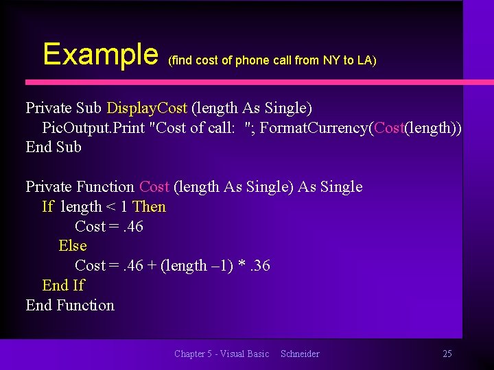 Example (find cost of phone call from NY to LA) Private Sub Display. Cost