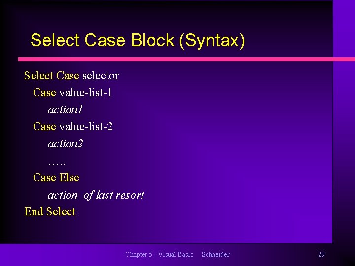 Select Case Block (Syntax) Select Case selector Case value-list-1 action 1 Case value-list-2 action