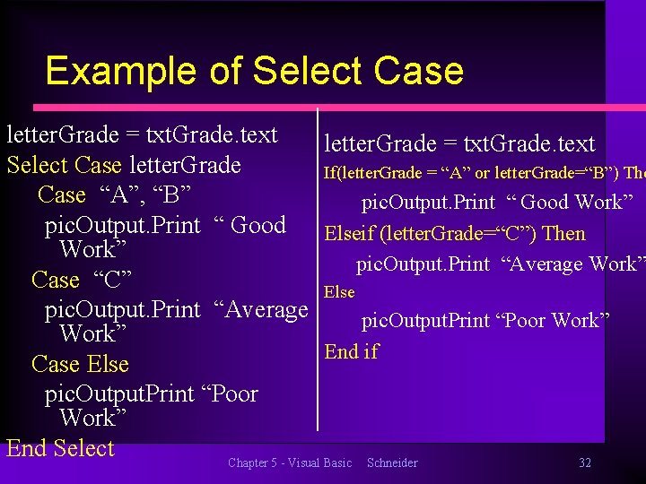 Example of Select Case letter. Grade = txt. Grade. text Select Case letter. Grade