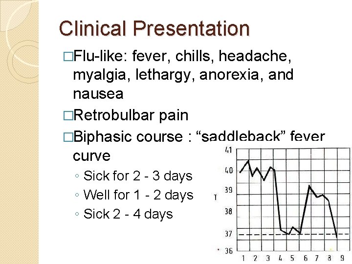 Clinical Presentation �Flu-like: fever, chills, headache, myalgia, lethargy, anorexia, and nausea �Retrobulbar pain �Biphasic