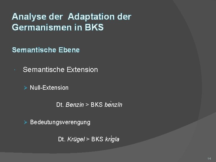 Analyse der Adaptation der Germanismen in BKS Semantische Ebene Semantische Extension Ø Null-Extension Dt.