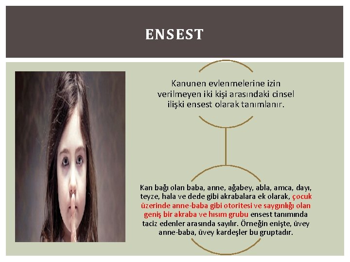 ENSEST Kanunen evlenmelerine izin verilmeyen iki kişi arasındaki cinsel ilişki ensest olarak tanımlanır. Kan