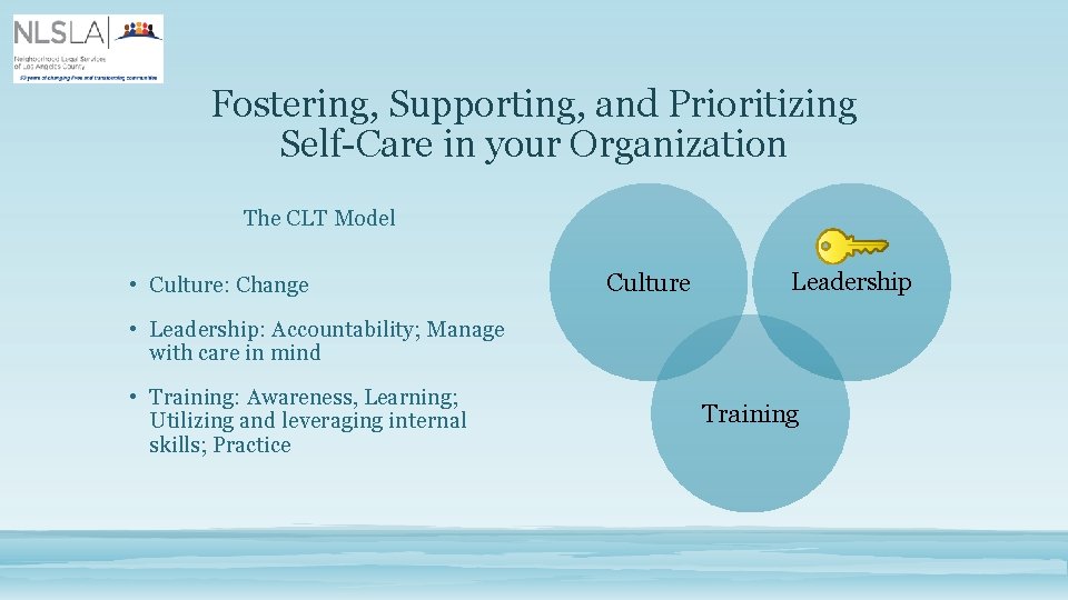 Fostering, Supporting, and Prioritizing Self-Care in your Organization The CLT Model • Culture: Change