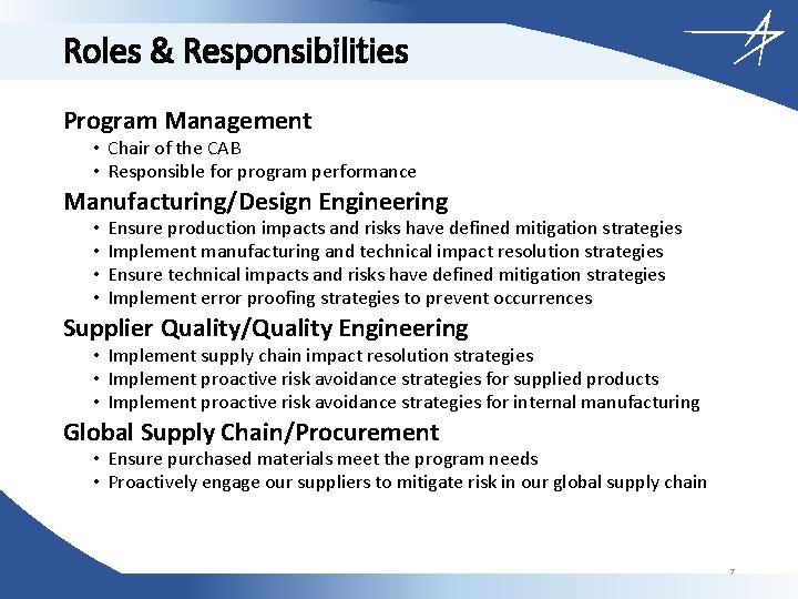 Roles & Responsibilities Program Management • Chair of the CAB • Responsible for program