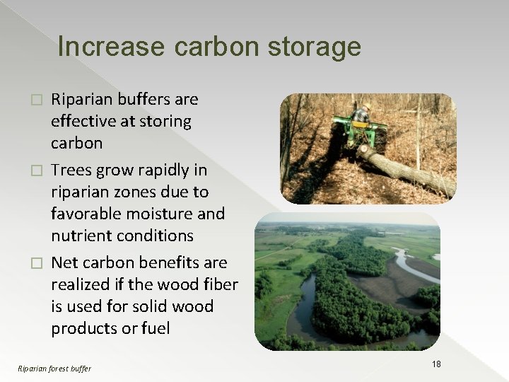 Increase carbon storage Riparian buffers are effective at storing carbon � Trees grow rapidly