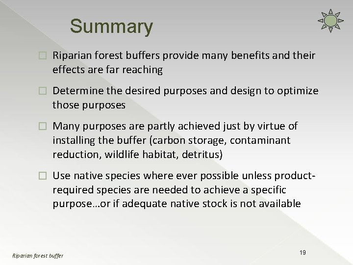 Summary � Riparian forest buffers provide many benefits and their effects are far reaching