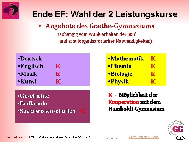 Ende EF: Wahl der 2 Leistungskurse • Angebote des Goethe-Gymnasiums (abhängig vom Wahlverhalten der