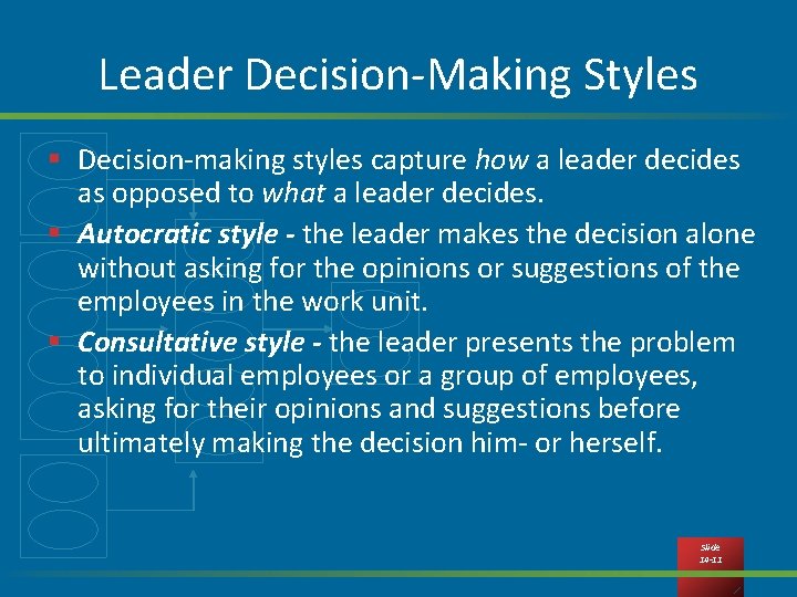 Leader Decision-Making Styles § Decision-making styles capture how a leader decides as opposed to