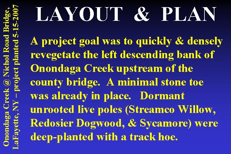 Onondaga Creek @ Nichol Road Bridge, La. Fayette, NY – project planted 5 -15