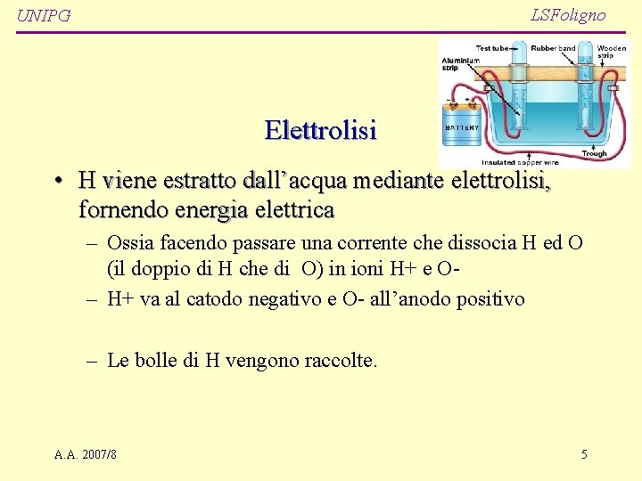 LSFoligno UNIPG Elettrolisi • H viene estratto dall’acqua mediante elettrolisi, fornendo energia elettrica –
