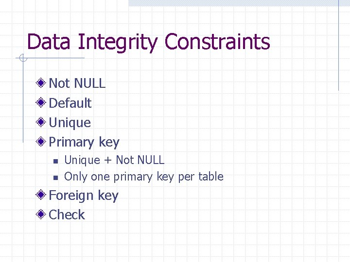 Data Integrity Constraints Not NULL Default Unique Primary key n n Unique + Not