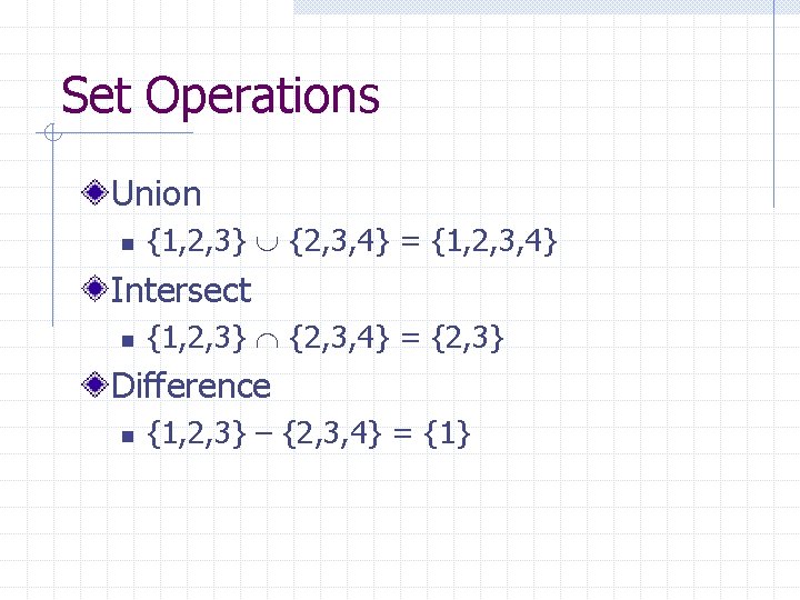 Set Operations Union n {1, 2, 3} {2, 3, 4} = {1, 2, 3,