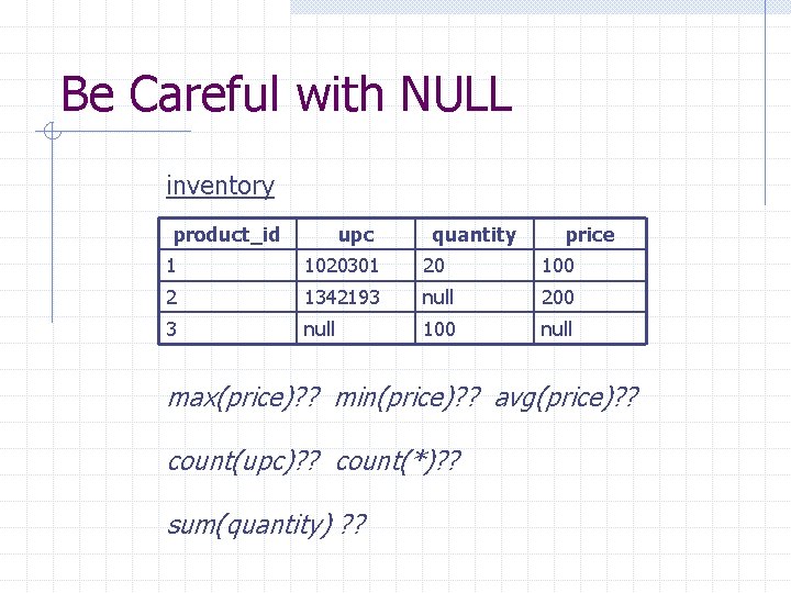 Be Careful with NULL inventory product_id upc quantity price 1 1020301 20 100 2