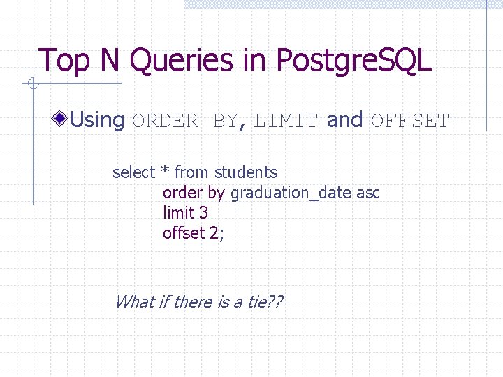 Top N Queries in Postgre. SQL Using ORDER BY, LIMIT and OFFSET select *