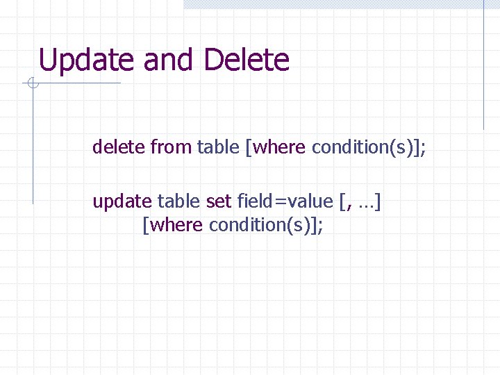 Update and Delete delete from table [where condition(s)]; update table set field=value [, …]