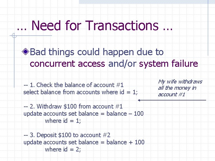 … Need for Transactions … Bad things could happen due to concurrent access and/or