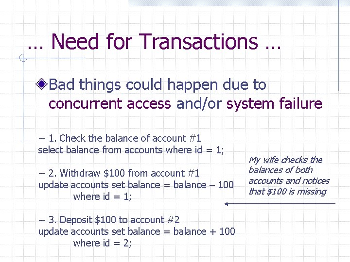 … Need for Transactions … Bad things could happen due to concurrent access and/or