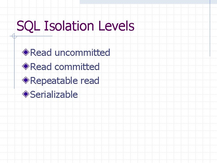 SQL Isolation Levels Read uncommitted Read committed Repeatable read Serializable 