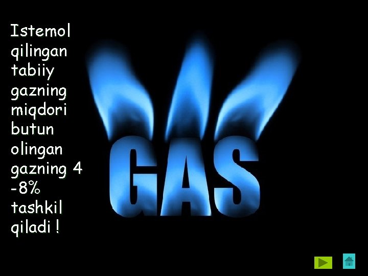 Istemol qilingan tabiiy gazning miqdori butun olingan gazning 4 -8% tashkil qiladi ! 