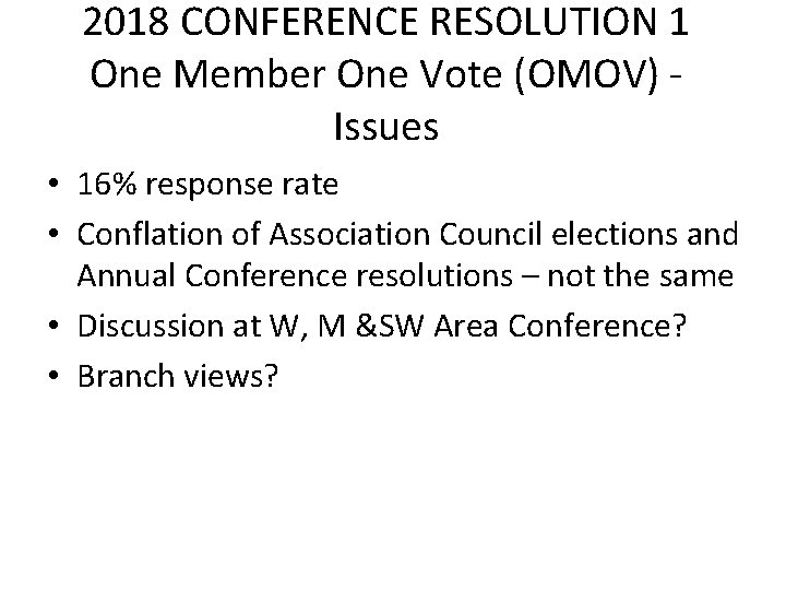 2018 CONFERENCE RESOLUTION 1 One Member One Vote (OMOV) Issues • 16% response rate