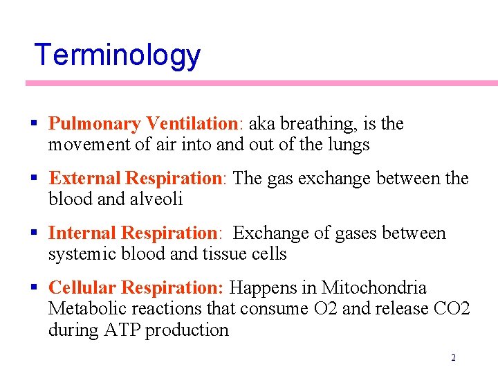 Terminology § Pulmonary Ventilation: aka breathing, is the movement of air into and out