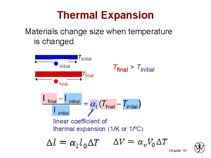 Thermal Expansion Materials change size when temperature is changed initial final Tinitial Tfinal >