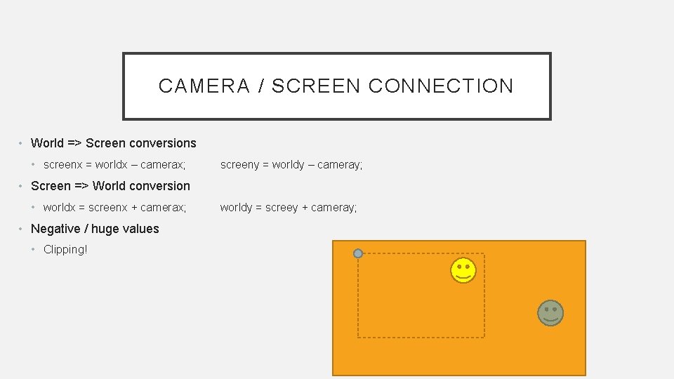 CAMERA / SCREEN CONNECTION • World => Screen conversions • screenx = worldx –