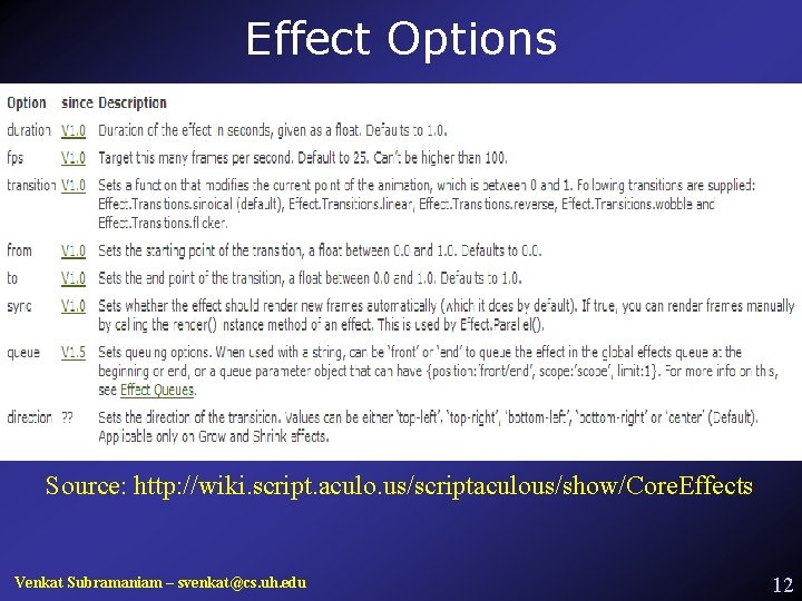 Effect Options Source: http: //wiki. script. aculo. us/scriptaculous/show/Core. Effects Venkat Subramaniam – svenkat@cs. uh.