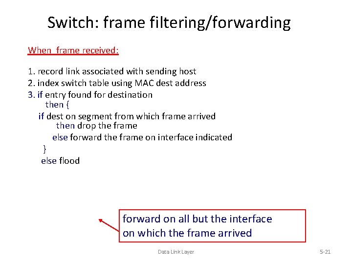 Switch: frame filtering/forwarding When frame received: 1. record link associated with sending host 2.