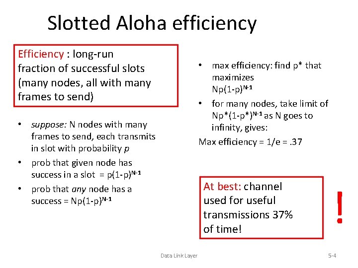 Slotted Aloha efficiency Efficiency : long-run fraction of successful slots (many nodes, all with