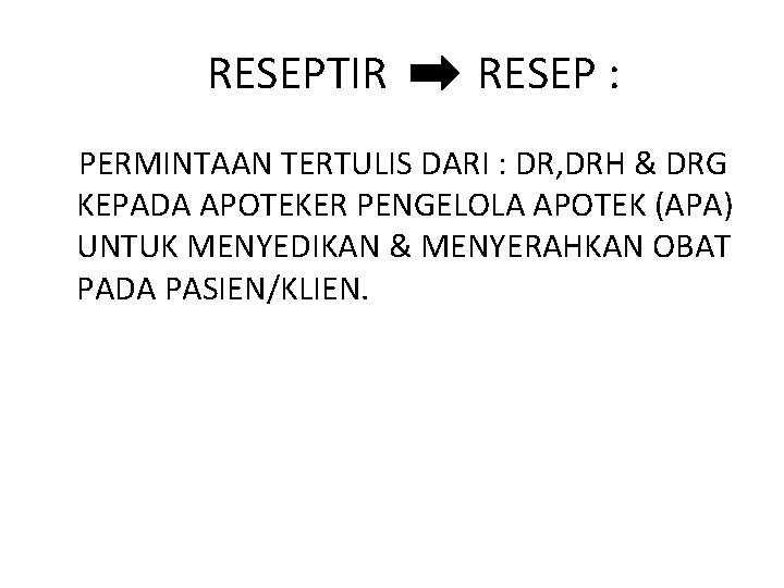 RESEPTIR RESEP : PERMINTAAN TERTULIS DARI : DR, DRH & DRG KEPADA APOTEKER PENGELOLA