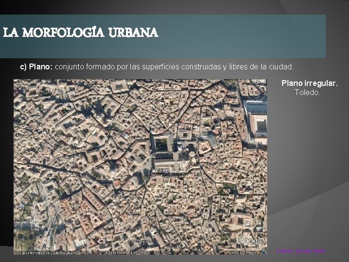 LA MORFOLOGÍA URBANA c) Plano: conjunto formado por las superficies construidas y libres de