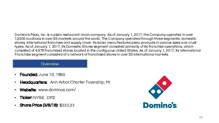 Company Description Domino's Pizza, Inc. is a pizza restaurant chain company. As of January