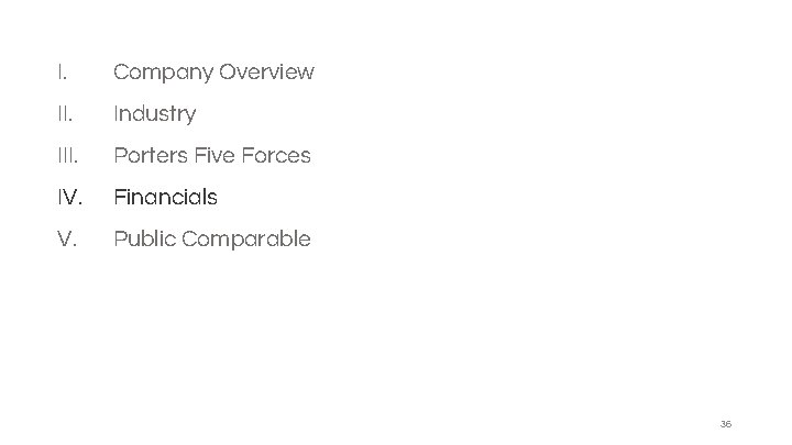 I. Company Overview II. Industry III. Porters Five Forces IV. Financials V. Public Comparable