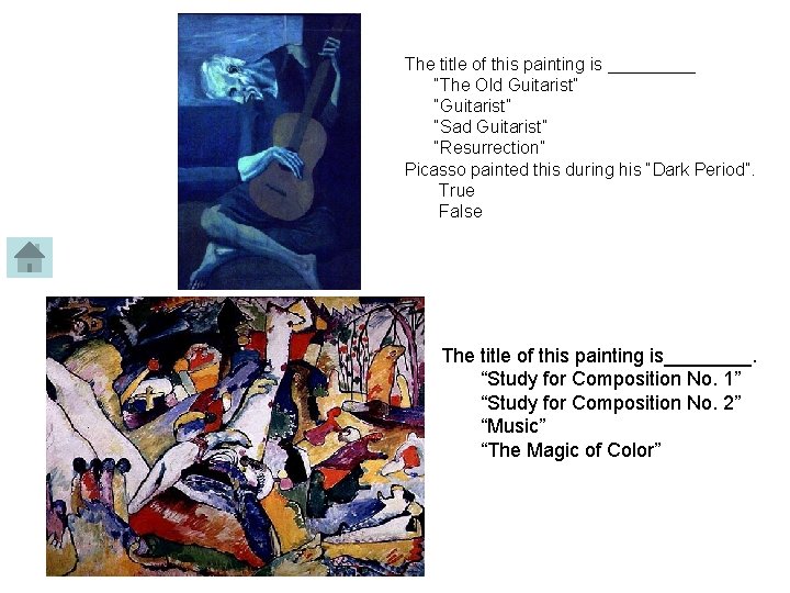 The title of this painting is _____ “The Old Guitarist” “Sad Guitarist” “Resurrection” Picasso
