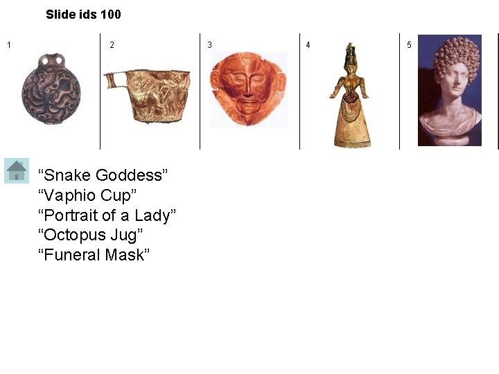 Slide ids 100 “Snake Goddess” “Vaphio Cup” “Portrait of a Lady” “Octopus Jug” “Funeral