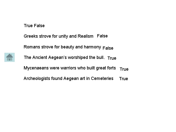 True False Greeks strove for unity and Realism False Romans strove for beauty and