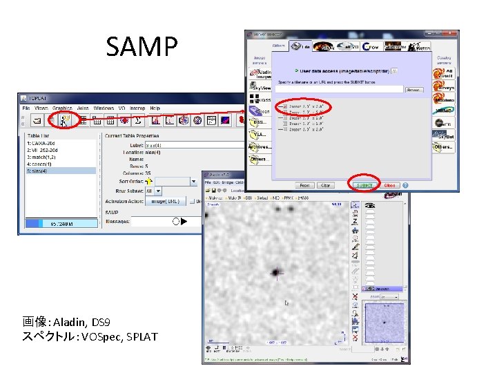 SAMP 画像：Aladin, DS 9 スペクトル: VOSpec, SPLAT . 