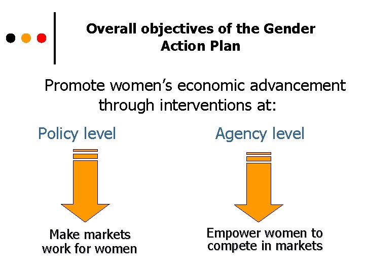 Overall objectives of the Gender Action Plan Promote women’s economic advancement through interventions at: