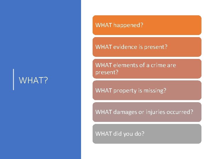 WHAT happened? WHAT evidence is present? WHAT elements of a crime are present? WHAT