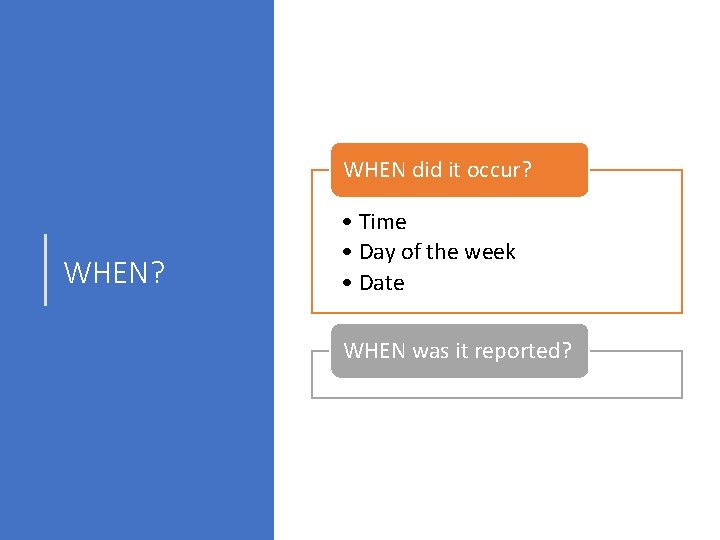 WHEN did it occur? WHEN? • Time • Day of the week • Date