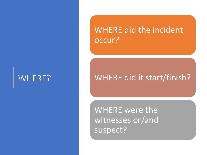 WHERE did the incident occur? WHERE did it start/finish? WHERE were the witnesses or/and