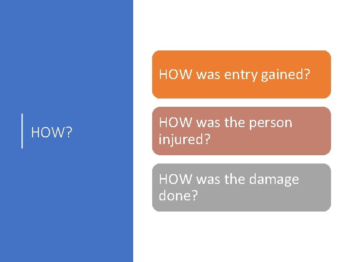 HOW was entry gained? HOW was the person injured? HOW was the damage done?