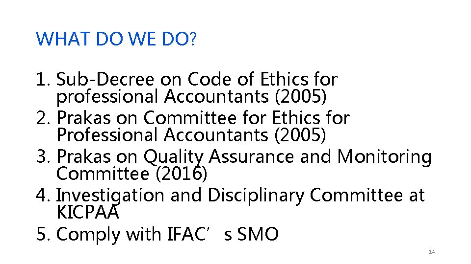 WHAT DO WE DO? 1. Sub-Decree on Code of Ethics for professional Accountants (2005)