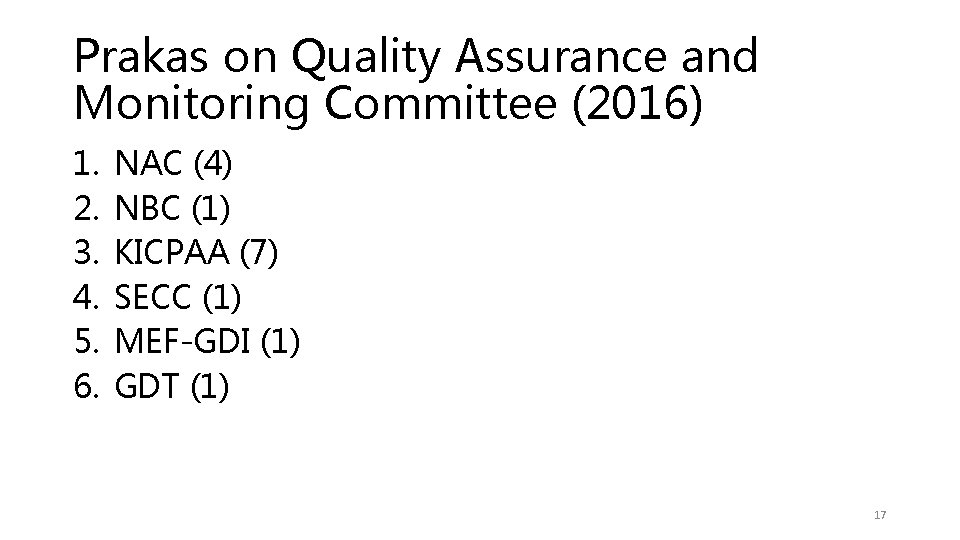 Prakas on Quality Assurance and Monitoring Committee (2016) 1. 2. 3. 4. 5. 6.