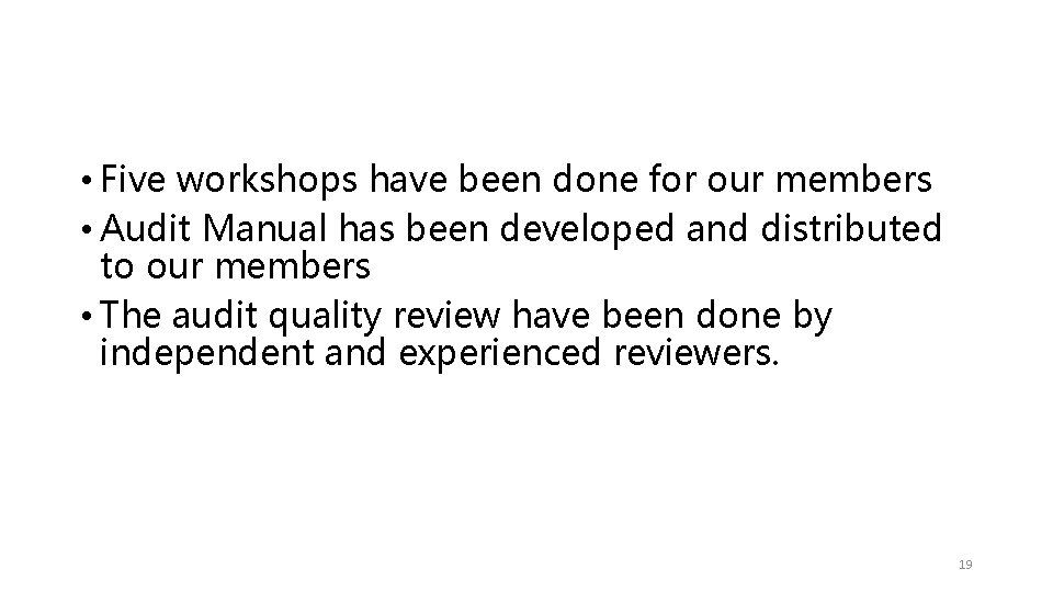  • Five workshops have been done for our members • Audit Manual has