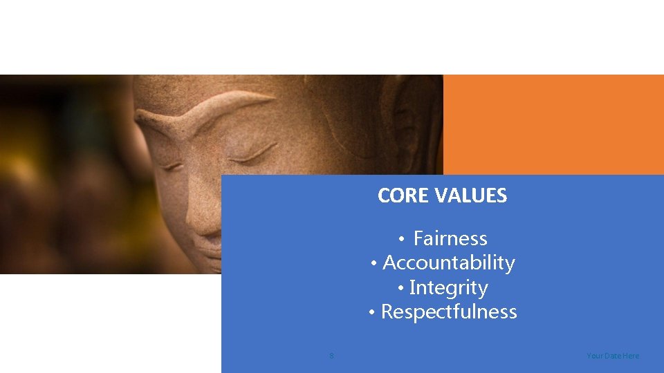 CORE VALUES • Fairness • Accountability • Integrity • Respectfulness 8 Your Date Here
