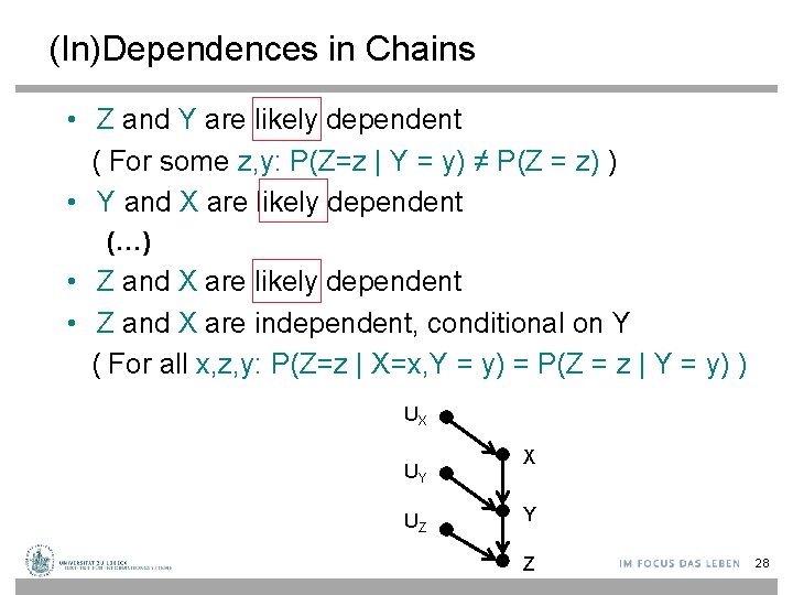 (In)Dependences in Chains • Z and Y are likely dependent ( For some z,
