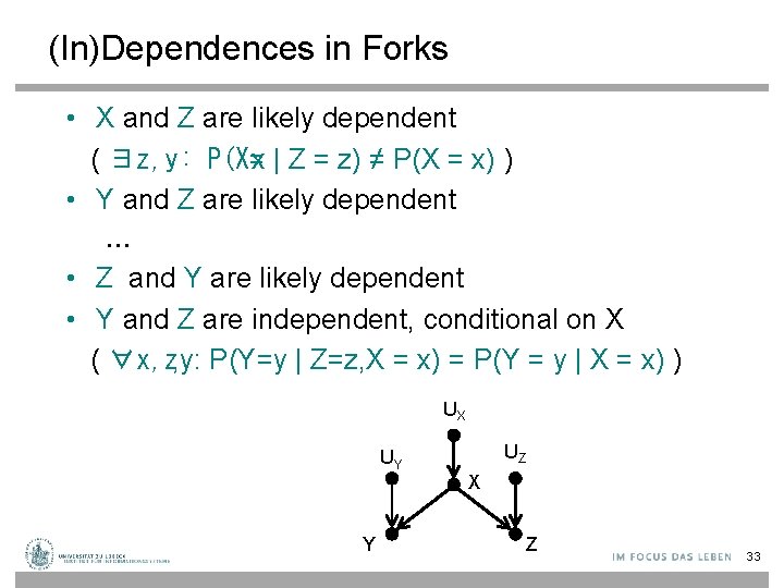 (In)Dependences in Forks • X and Z are likely dependent ( ∃z, y: P(X=x