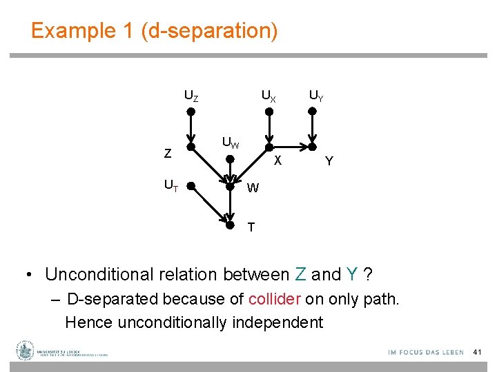 Example 1 (d-separation) UZ Z UT UX UY UW X Y W T •